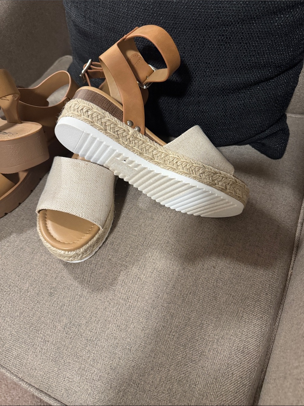 Two pair of Soda Sandals. Tan and Cream Wedge Sandals and Tan Wedge Sandals - Picture 6 of 9